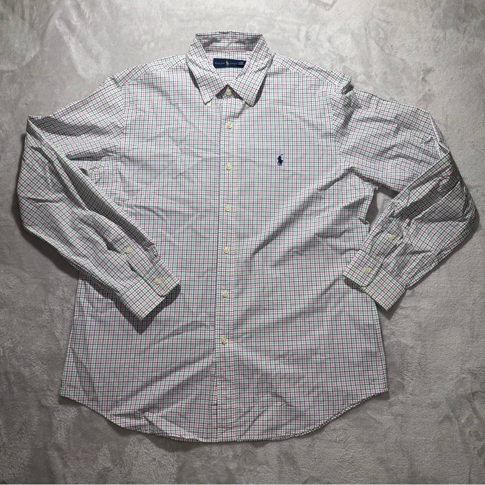Ralph Lauren White Button-Down Shirt with Blue & Green Windowpane Check